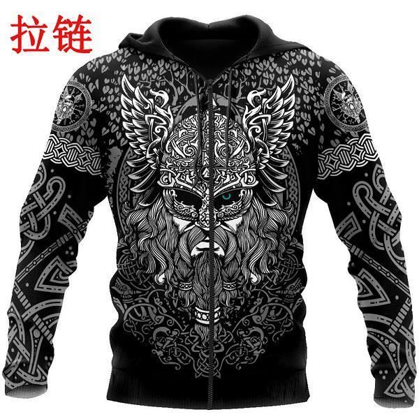 Sweat à Capuche Viking Odin Pour Homme - Mythologie Nordique - Impression 3D - Décontracté - Grande Poche - Manches Longues - Couleur : Corbeau - Taille L