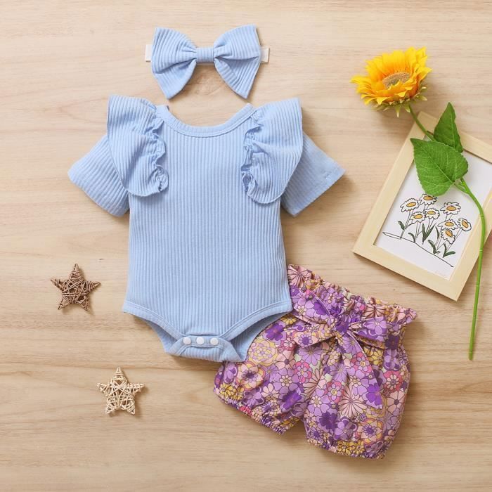 Ensemble Bébé Fille été - Barboteuse Ours Manches Volants + Jupe Carreaux + Bandeau, 0-18 Mois, Marron