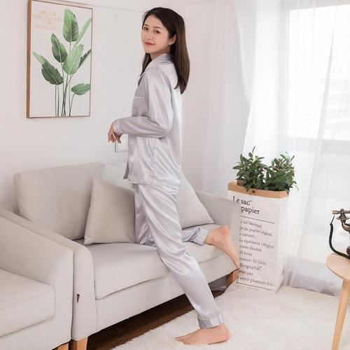 Pyjama femme long,Pyjama en Satin de soie pour femmes, ensemble deux ...