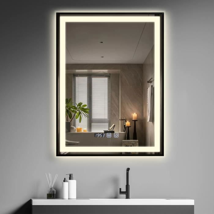 Miroir de Salle de Bain LED 60x80cm Anti-Buée Interrupteur tactile 3 Couleur Éclairage Réglable Miroir Lumineux