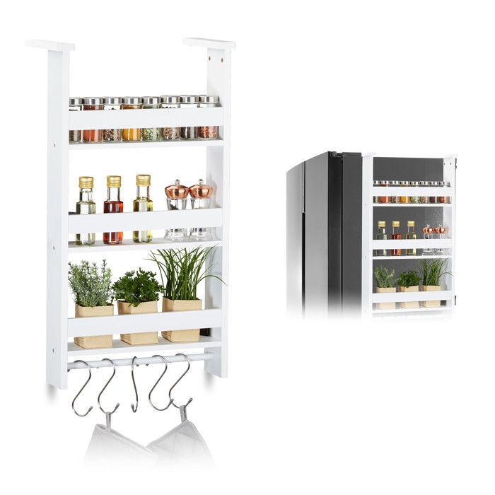 Relaxdays Étagère suspendue pour frigo Rangement d’épices avec barre & 5 crochets MDF HLP: 74x42x20 cm blanc