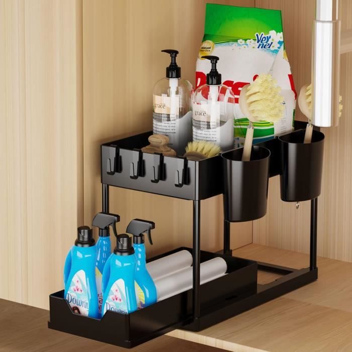 Organisateur sous Évier Coulissant / Étagère en Plastique à Double Couche avec Support en Acier Inoxydable / Tiroir Coulissant pour Cuisine, Salle de Bain, Buanderie / Noir/blanc / 37.5x18.5x37cm