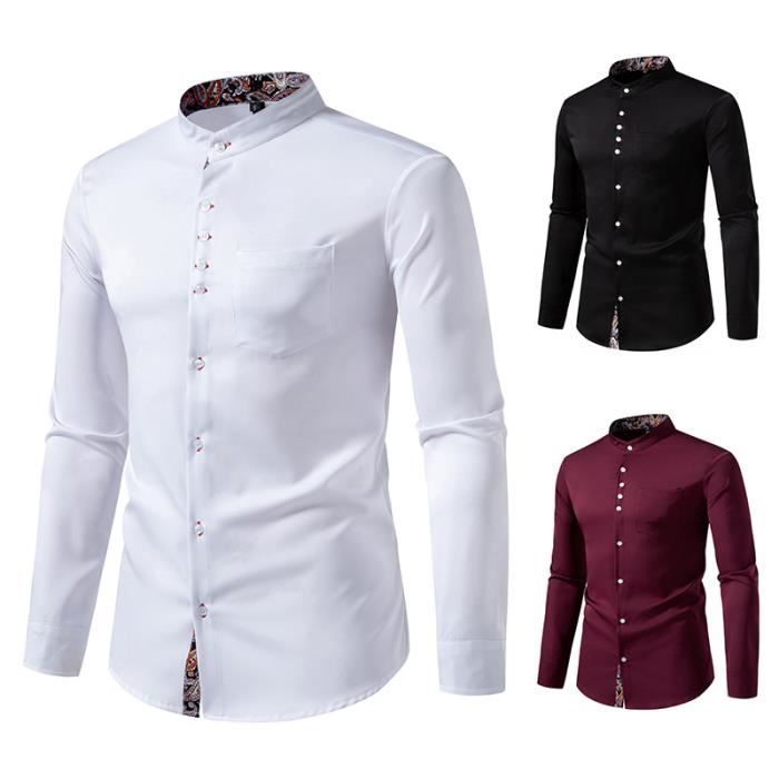 Chemise Homme Col Henry Bicolore Fashion Manches Longues avec Boutons Noir INSFITY Slim Adulte Noir Cdiscount Pret a Porter