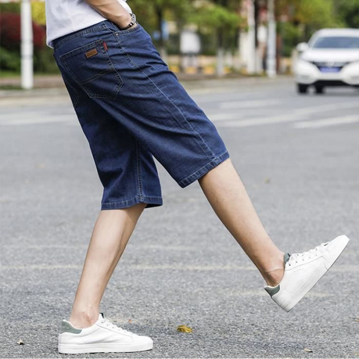 Pantacourt Homme en Jeans Stretch Regular Droite Casual Pantalon Court Ete 5 Poches Effect Delave Bleu Bleu Cdiscount Pret a Porter