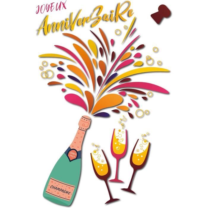 Carte Joyeux Anniversaire Champagne Bouteille Flutes Bouchon Bulles Pétillant Mousseux