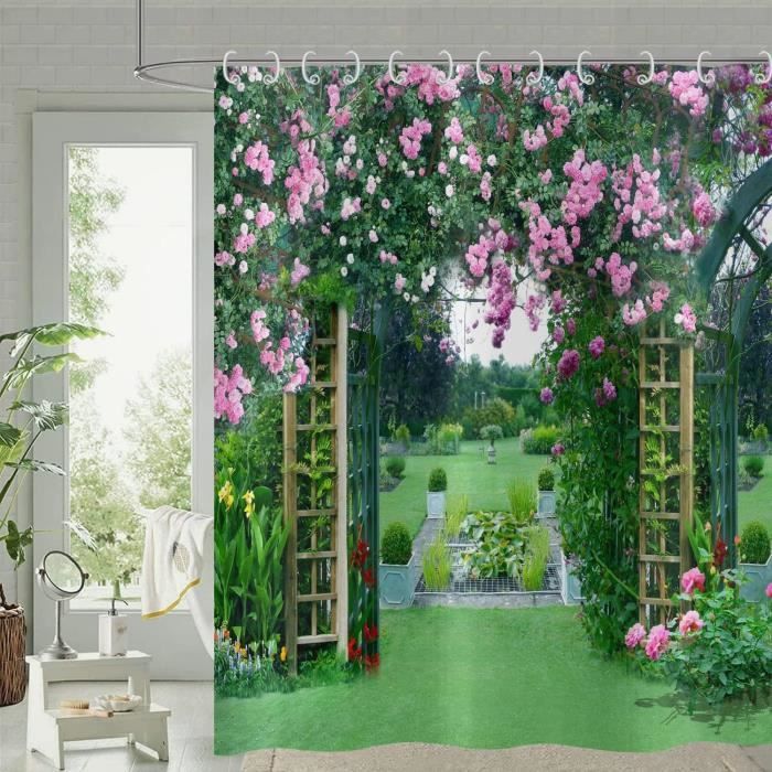 Rideau De Douche 3D Jardin Italien – Fleurs Roses Et Feuilles Vertes, 180x200 Cm, Imperméable & Lavable