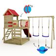 Aire de jeux WICKEY Smart Cave avec portique en bois, balançoire, toboggan et bac à sable - Rouge-2