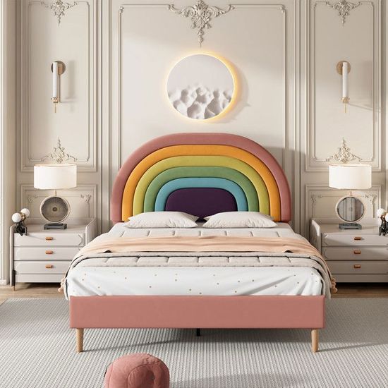 Lit Fille 140x200cm LIVLUX - Tête De Lit Couronne LED Velours Rose - Sommier Lattes - Enfant Adolescent