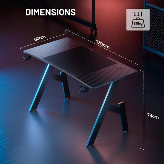 KESSER® Gamingtafel, led, 100 x 60 cm, Z-vorm, gamerbureau, hoofdtelefoonhaak en koolstofcoating, ergonomische pc-computertafel, stabiele tafel met bekerhouder, zwart