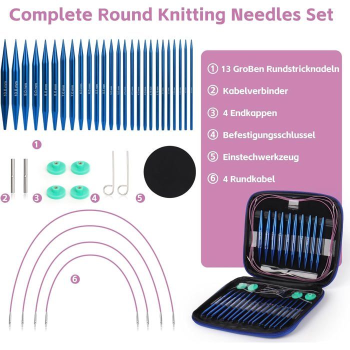Kit D'Aiguilles à Tricoter Circulaires Interchangeables 13 Tailles (3-10mm) Avec Câbles Et Accessoires - Aluminium, Pour Débutants Et Confirmés