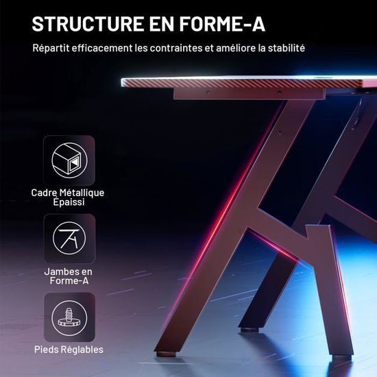Bureau Gaming Aufun 120x60cm - Avec LED, Porte-Gobelet Et Crochet Casque - Bureau PC Robuste