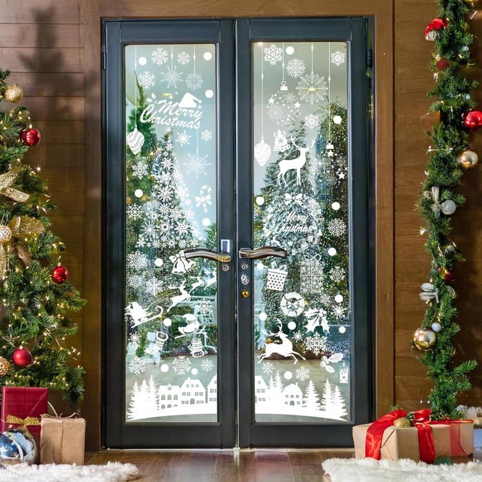 Déco Fenêtre Noël - Pack De 9 Stickers Électrostatiques PVC (Village, Flocons, Père Noël) - 20x30cm, Réutilisables