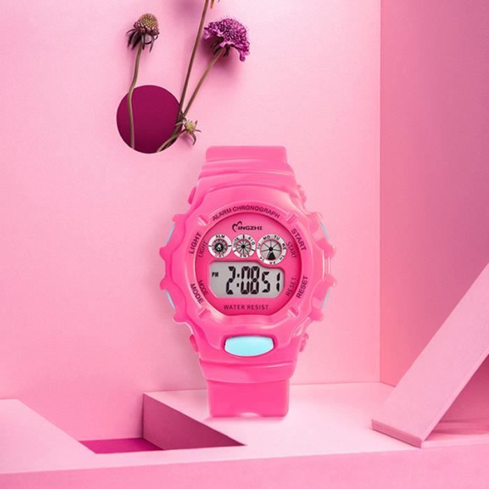 Montre enfant fille LED numérique multifonction bracelet en silicone  étanche lumineuxétudiant adolescent rose Anti-chute sport