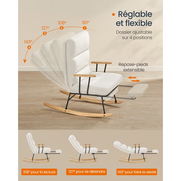 Fauteuil à Bascule En Bois Massif Et Métal - Coussin épais 25cm - Portée Max 136kg - Pour Salon, Chambre, Allaitement