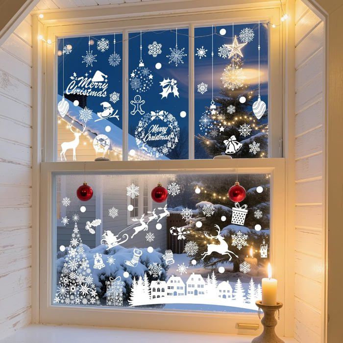 84 Stickers Noël Fenêtre Électrostatiques Réutilisables - Motifs Village, Boules, Flocons Neige, Pour Vitres