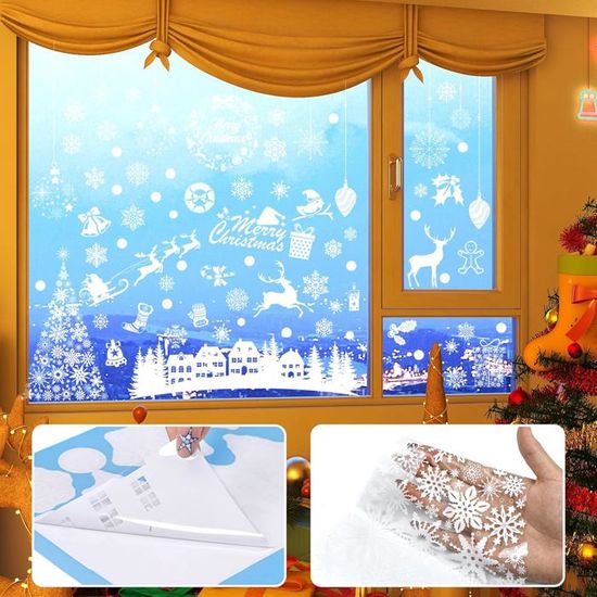 Déco Fenêtre Noël - Pack De 9 Stickers Électrostatiques PVC (Village, Flocons, Père Noël) - 20x30cm, Réutilisables - 7
