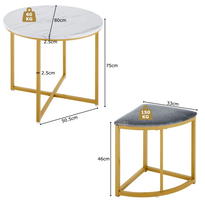 Ensemble Table à Manger Ronde 80 Cm Avec 4 Chaises - Plateau Imitation Marbre, Pieds Métal, Chaises Velours - Gris/Or