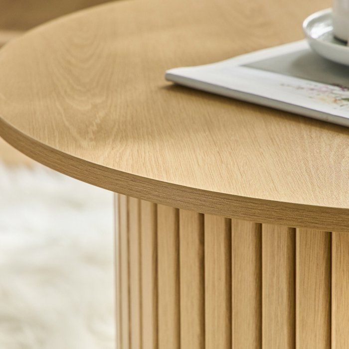 Calicosy Table Basse Ronde 2 Niveaux Élégante - Flancs Métal Noir, Plateau Chêne Artisan - Parfaite Pour Salon Et Salle à Manger - L80 X L80 X H39 Cm