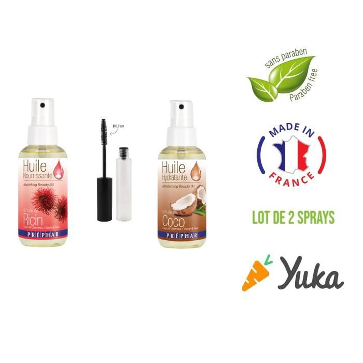 2 Sprays Huile de Ricin et Huile de Coco Préphar Cils, Sourcils, Corps, Cheveux, Barbe