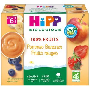COMPOTE DESSERT FRUITÉ Hipp Bio 100% Fruits Coupelle Pommes Bananes Fruits Rouges +6m 4 x 100g