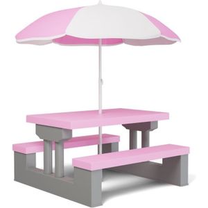 Ensemble table et chaise de jardin SPIELWERK Salon de jardin pour enfants Gris Rose ensemble 1 table 2 bancs fixes parasol jouet table terrasse pique-nique
