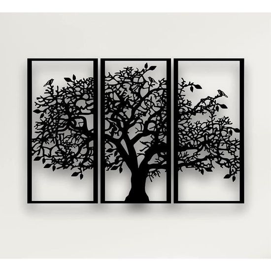 Décoration Murale Arbre De Vie Métal 30x60cm - 4 Panneaux Noirs Design Contemporain