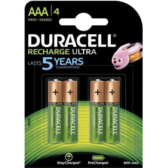 Duracell Recharge Ultra Piles Rechargeables type AAA 900 mAh, Lot de 4 piles
