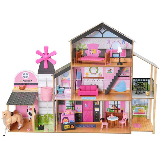 KidKraft - Maison de poupée "Windmill Elevator" en bois, 2-en-1 grange et moulin avec 25 accessoires inclus