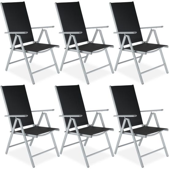 TECTAKE Lot de 6 chaises de jardin pliantes MARILENA Pliable Dossier réglable en 7 positions - Noir/Gris