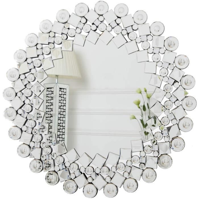 RICHTOP Miroir Murale Grand Rond Moderne Bois Noir Design avec Cristal Scintillant, Miroirs Decoration Fixé au Mur pour Salon, C561