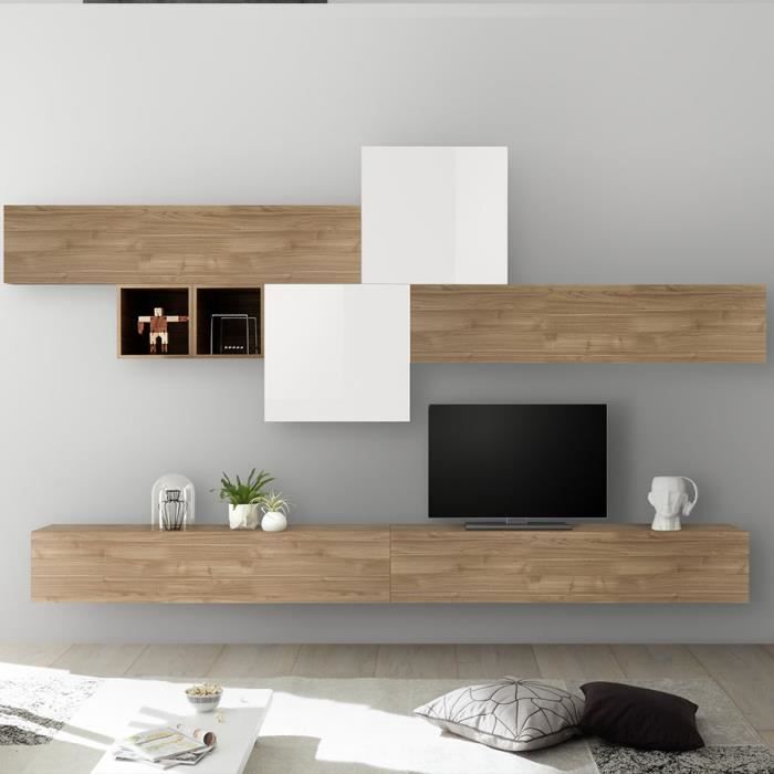 Ensemble TV blanc laqué et couleur chêne PULSANO Marron L 275 x P 300 x H 200 cm