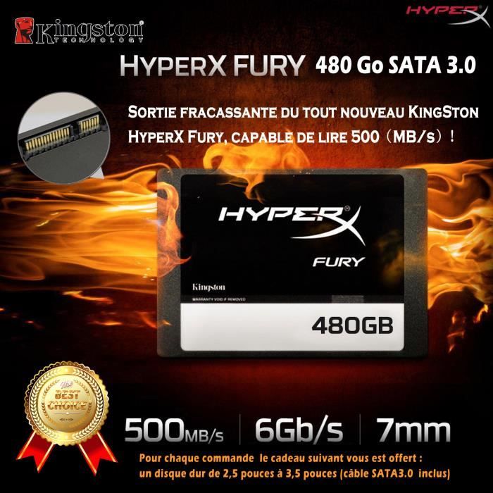 LCC® HyperX FURY - Disque dur Interne Gaming SSD 2.5- de 480 Go SATA 3, Noir