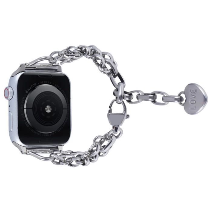 Pour Apple Watch Series 7 41Mm-6-5-4-Se 40 Mm-3-2-1 38 Mm À Trois Rangées Bande De Poignet Avec Pendentif En Forme De Cœur,Argent