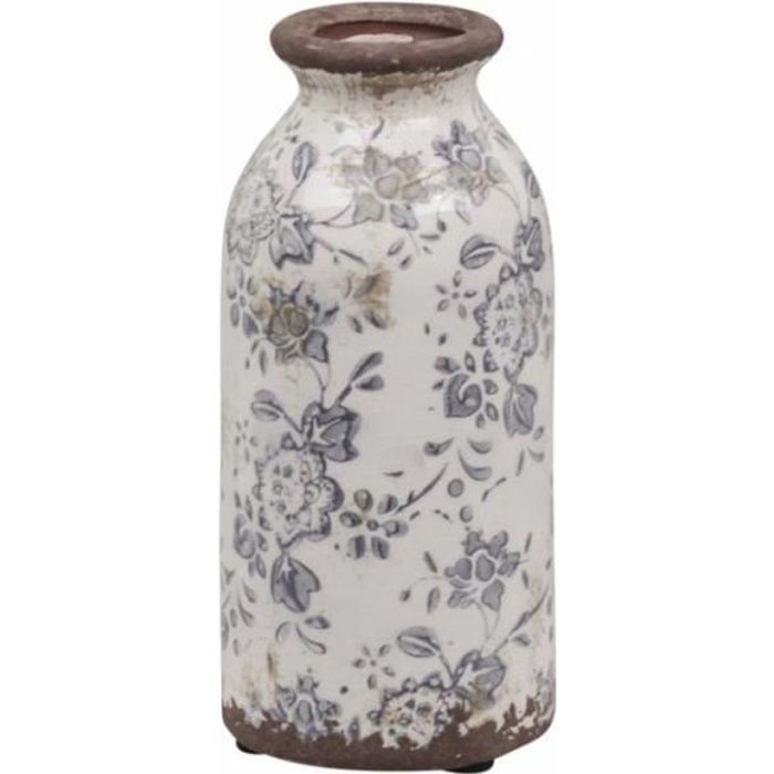 Vase Soliflore Pichet Broc Pot de Fleurs Décoration Intérieur Extérieur en Terre Cuite Emaillée Blanche et Bleue 7x7x16cm
