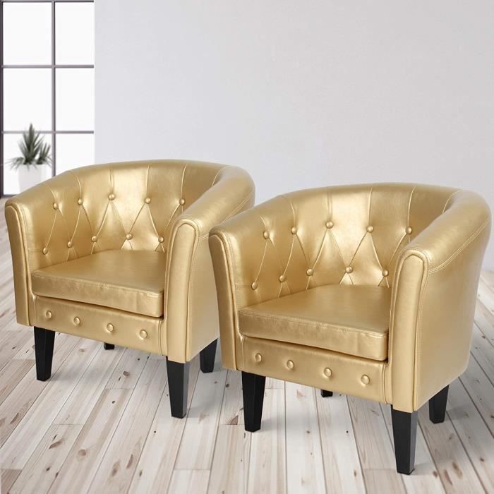 MIADOMODO® Fauteuil Chesterfield - Lot de 2, Simili Cuir, Bois, 58x71x70cm, Doré - Chaise, Cabriolet, Meuble de Salon