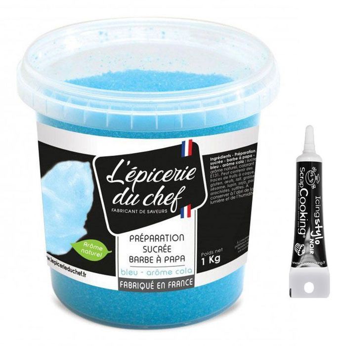 Sucre barbe à papa bleu 1 kg + Stylo glaçage noir