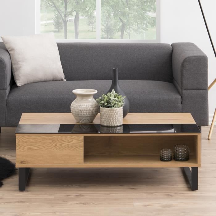 Table basse /Table de salon - KOSTRENA - 110x60 cm - chêne / noir - style contemporain - plateau relevable - élément en verre tre...