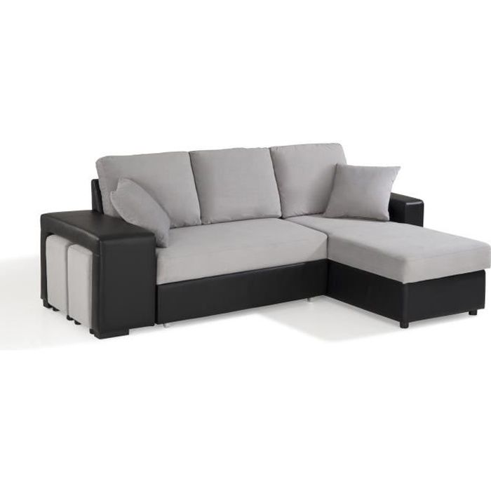CHICAGO Canapé Angle 3 Places Convertible et Réversible en Simili Cuir et Tissu Noir / Gris