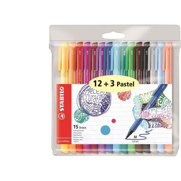 STABILO Pochette de 15 stylos-feutres PointMax - Encre à base d'eau - 12 coloris assortis + 3 pastels