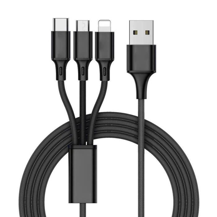 Câble Multi USB 3 en 1 Multi Chargeur USB Câble en Nylon Tressé Lightning Micro-USB et USB Type-C Noir pour Smartphones Honor