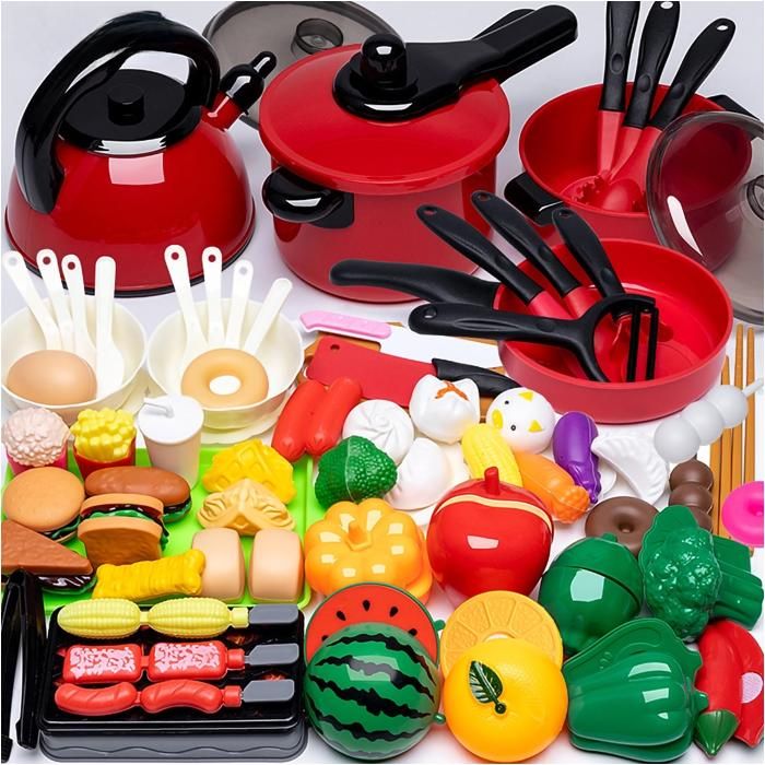 Accessoire Cuisine EnfantJouet de Jeu de Rôle de Chef pour EnfantsAvec Casseroles et PoêlesAliment Jouet（81pcs）