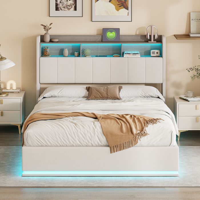 Lit Coffre Yeutre 140x200 Avec LED Et Ports USB - Double Avec Rangement, 2 Tiroirs Et Sommier Inclus