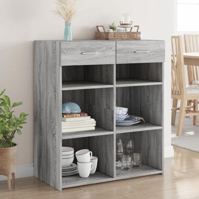 Buffet Haut En Bois D'ingénierie Gris Béton - Dimensions 81x37x100 Cm, 2 Portes, 4 Compartiments Ouverts, Rangement Pratique - 6