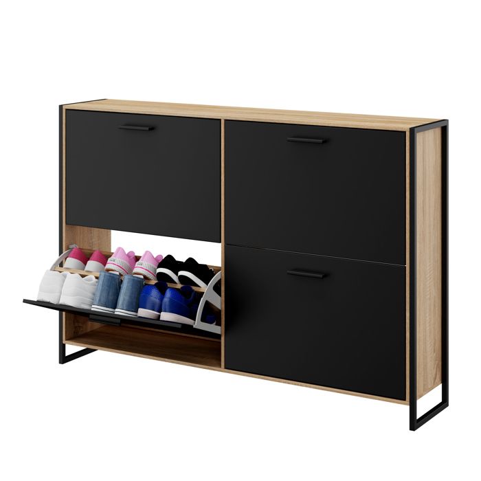 CASABEL Meuble de Rangement à Chaussure Industriel 24 Paires - Double compartiment Entrée - Portes Noires Cadre Bois Clair