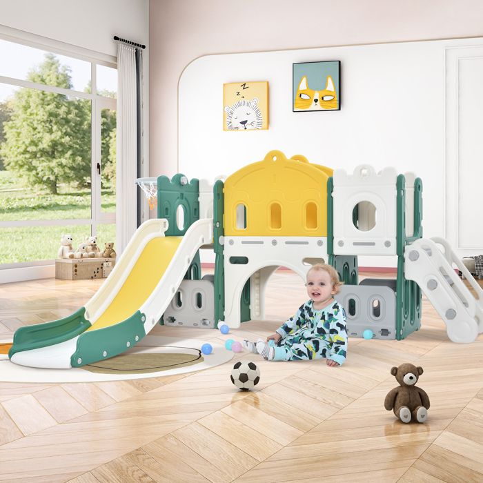 Feanch Toboggan pour tout-petits, ensemble de jeu pour tout-petits 8 en 1 avec glissade pour enfants, planche à dessin, panier de basketball et espace de rangement pour les enfants de 1 à Feanch Toboggan pour tout-petits, ensemble de jeu pour tout-petits 8 en 1 avec glissade pour enfants, planche à dessin, panier de basketball et espace de rangement pour les enfants de 1 à
