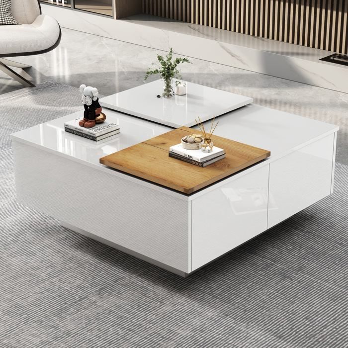 Table Basse LED Moderne Avec Tiroir Et étagères Verre - Dimensions 100x50x35 Cm - Blanc Laqué, Bandeau LED RGB Télécommandé