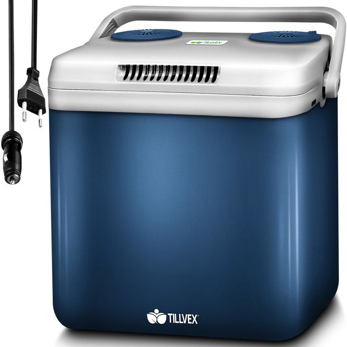 TILLVEX &reg; Glaci&egrave;re &eacute;lectrique 32L Bleu  Mini r&eacute;frig&eacute;rateur 230V et 12V pour Voiture Camping  Refroidit et r&eacute;chauffe  Mode ECO 