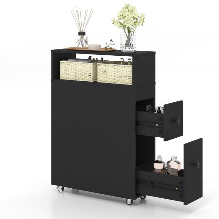 GIANTEX Meuble Colonne Salle de Bain à 4 Roulettes avec 2 Tiroirs2 Paniers et Porte-Brosse WCTaille Compacte50x 19x 72 cmNoir GIANTEX Meuble Colonne Salle de Bain à 4 Roulettes avec 2 Tiroirs2 Paniers et Porte-Brosse WCTaille Compacte50x 19x 72 cmNoir