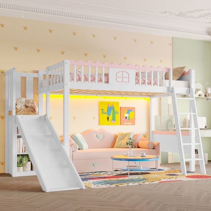 Lit mezzanine 90x200cm Lit fille Lit enfant en bois avec éclairage LED étagères de rangement toboggan et sommier à lattes