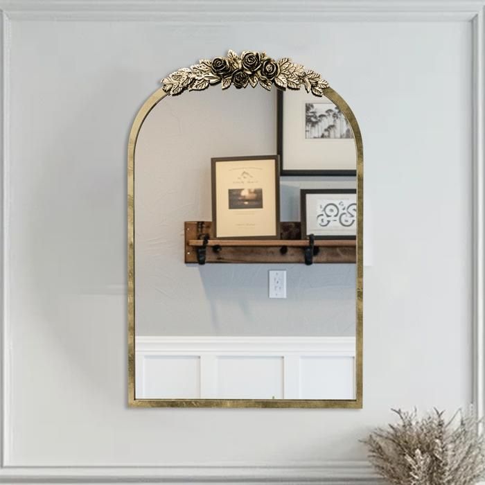 Miroir Mural Doré Décoratif - Miroir Arche Vintage Salle de Bain avec Cadre Sculpté Doré pour Décoration Salon Entrée 60.5x91.6cm